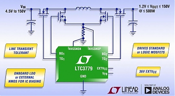 Analog Devices ����������� ��� LTC3779 � ����������������� ���������� ��������������� DC/DC-���������� � 4 ������� � ����� ��������������, ��������� �������� ����������������� �������� ����������, ������� �������� �����, ������ ��� ������ ��������.